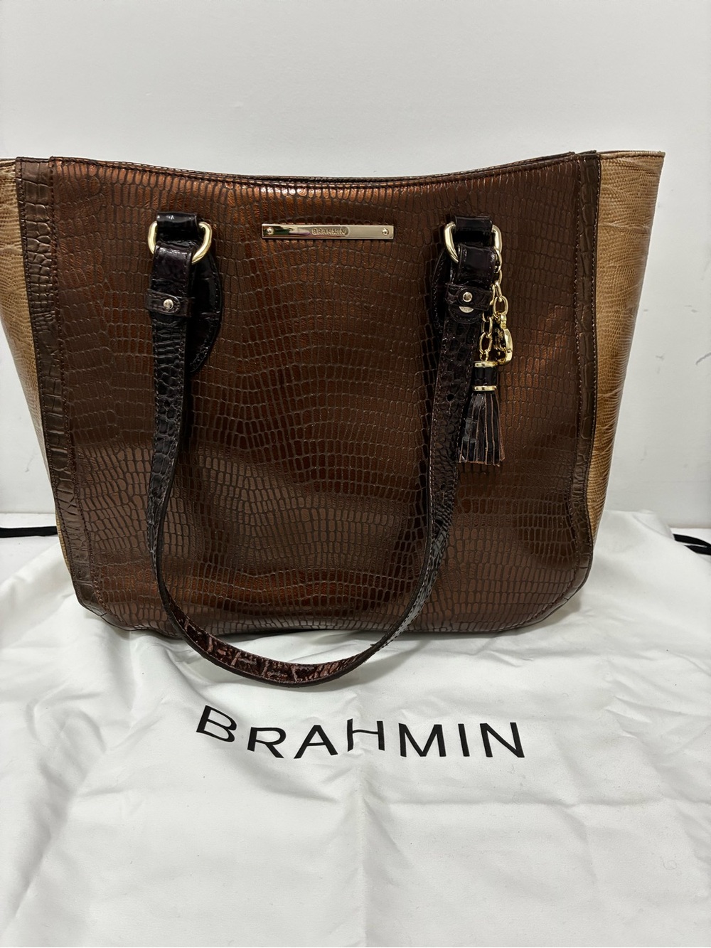 Brahmin Brown Croc-Embossed Tote with Tan Panels